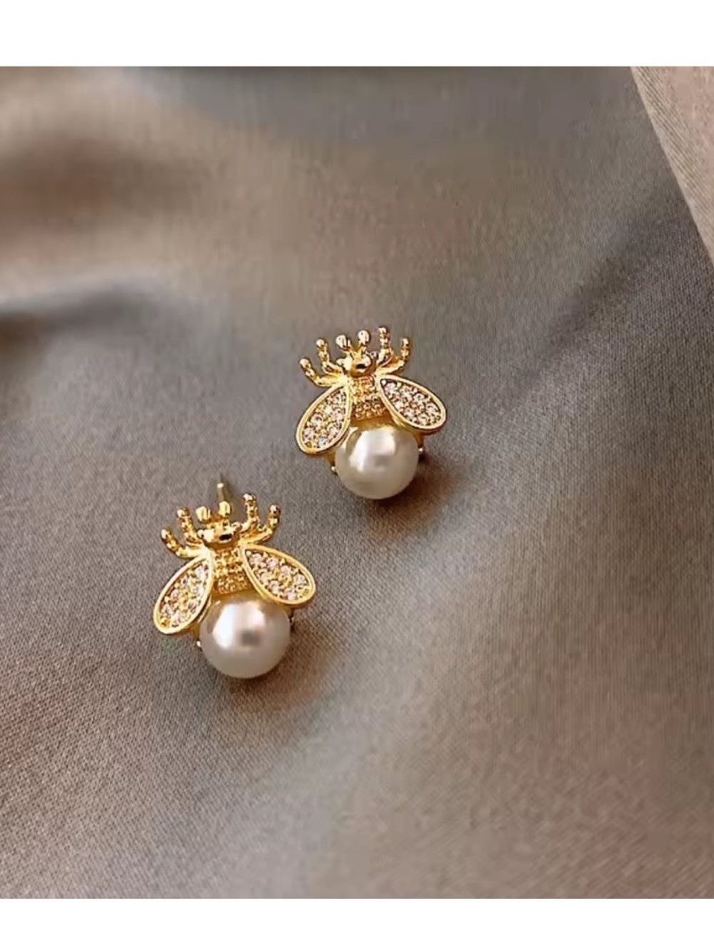 Petite Gold Pearl Bee Earrings 24k Gold Plated new